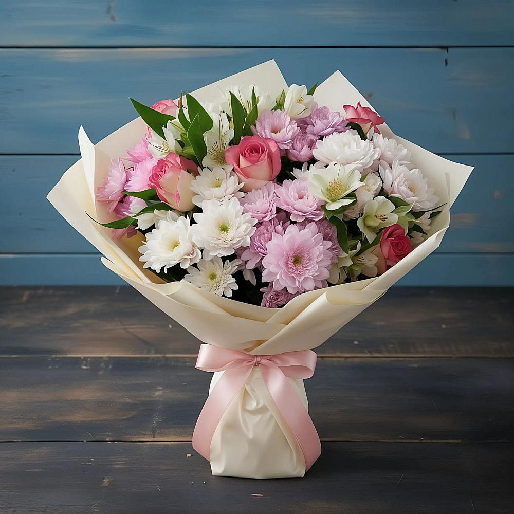 Букет Розовое очарование в Одинцово Букет цветов из: Хризантемы, Альстромерии и Розы в Одинцово